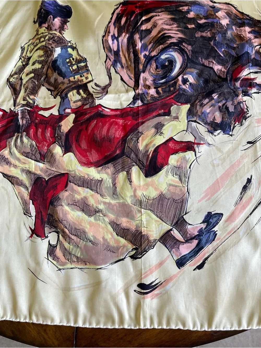 Rare Vintage Cream Silk Scarf with Bullfighting Matador Illustration 25”x 26”